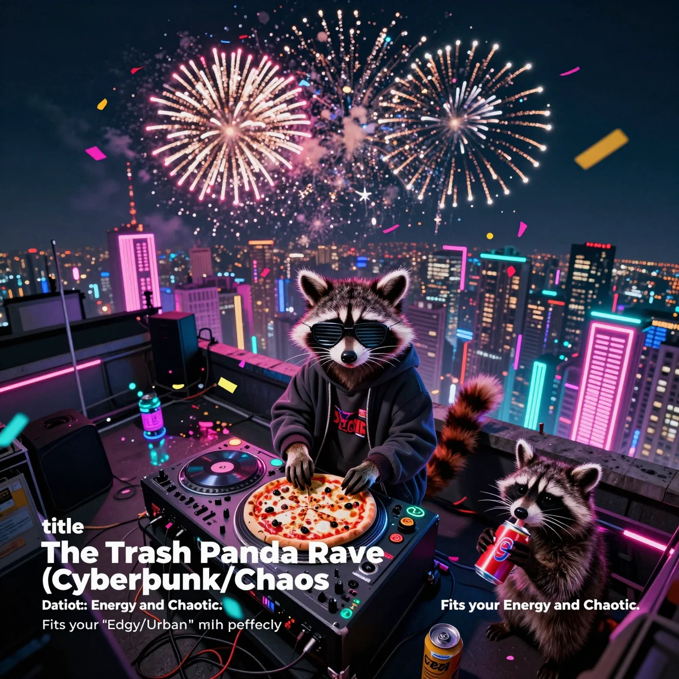 Rave de guaxinins na cobertura em uma cidade cyberpunk neon