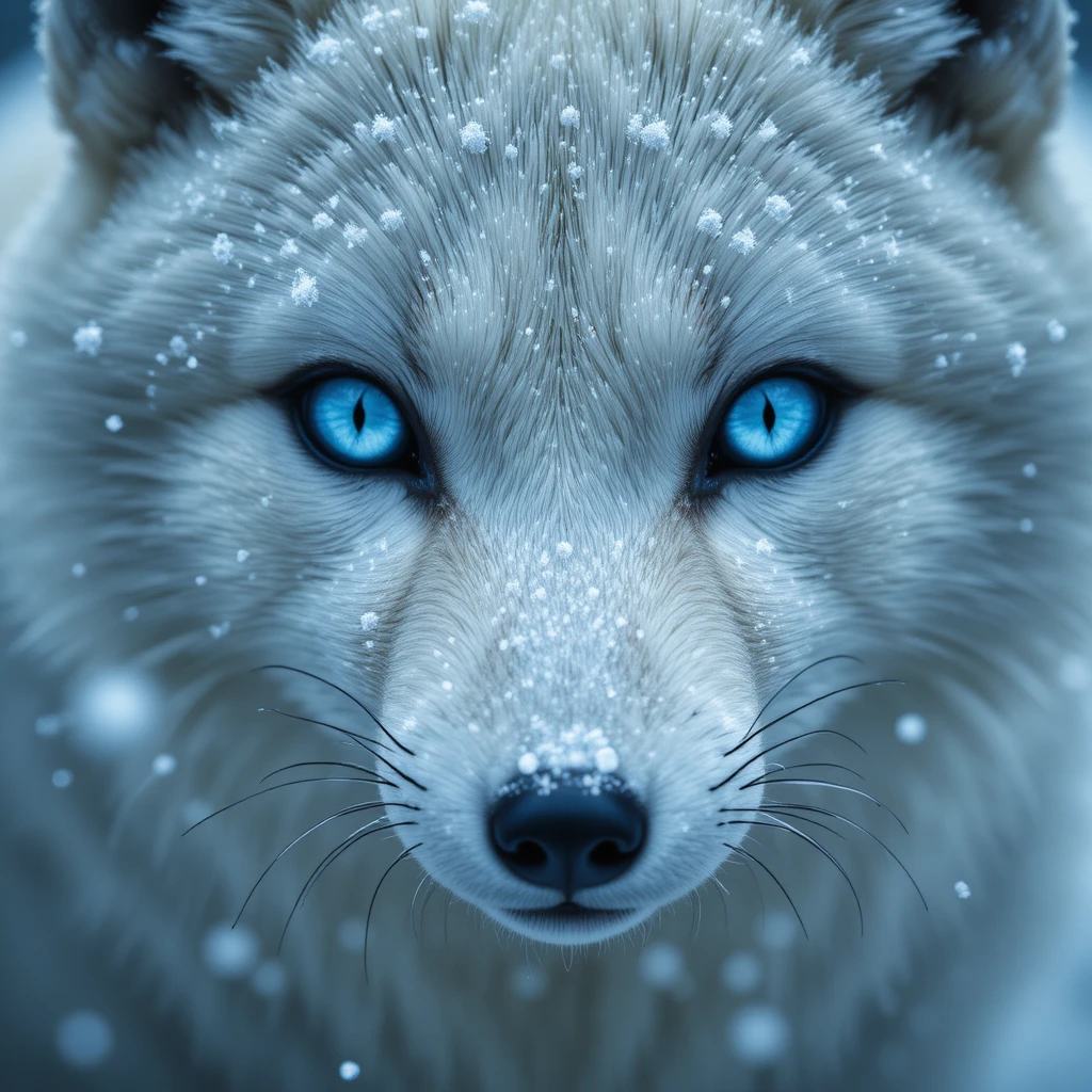 Raposa-do-ártico de perto com olhos azul-gelo na neve