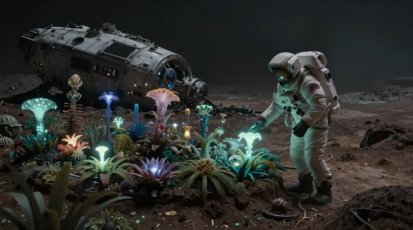 Astronaut Nurturing A Glowing Garden On Alien Wasteland
