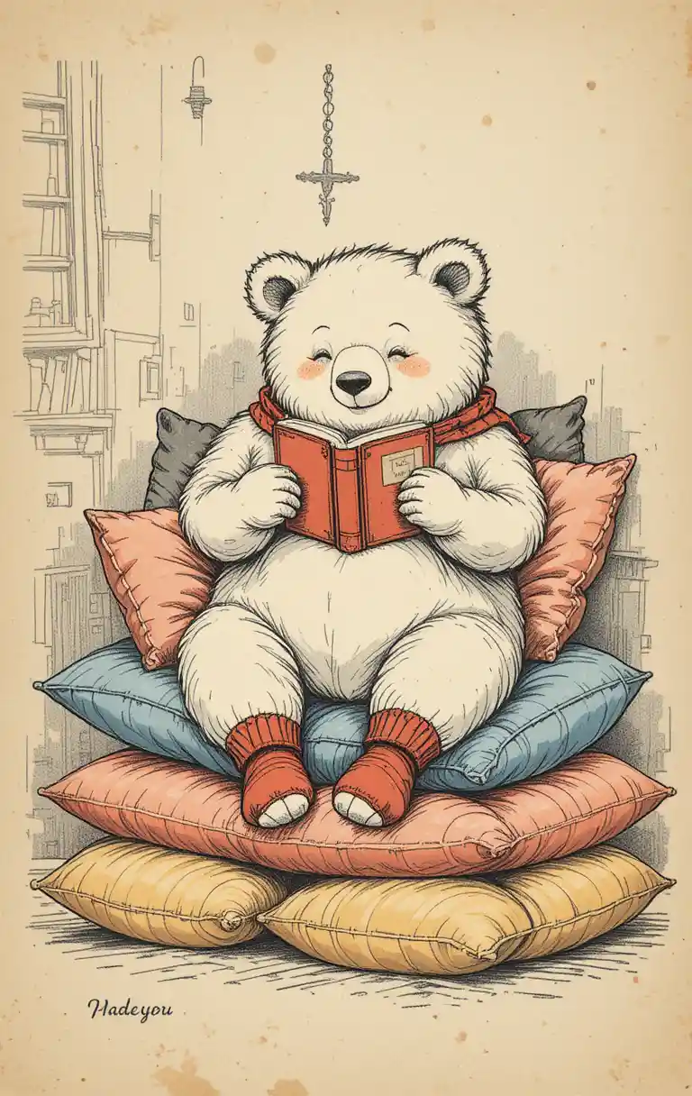 Urso aconchegante lendo um livro em almofadas coloridas