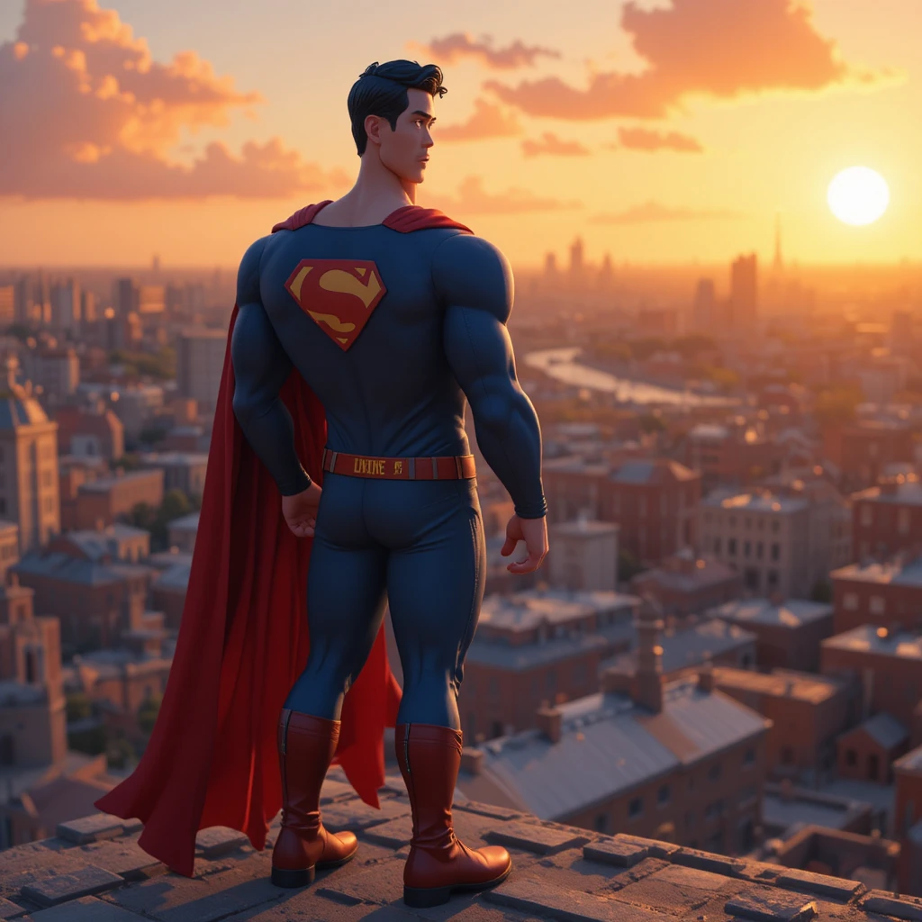 Super-héros Dominant la Ville Depuis un Toit au Chaud Coucher de Soleil