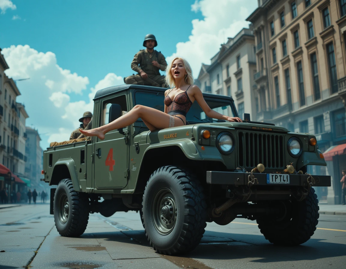 Caminhão militar verde correndo por uma rua da cidade