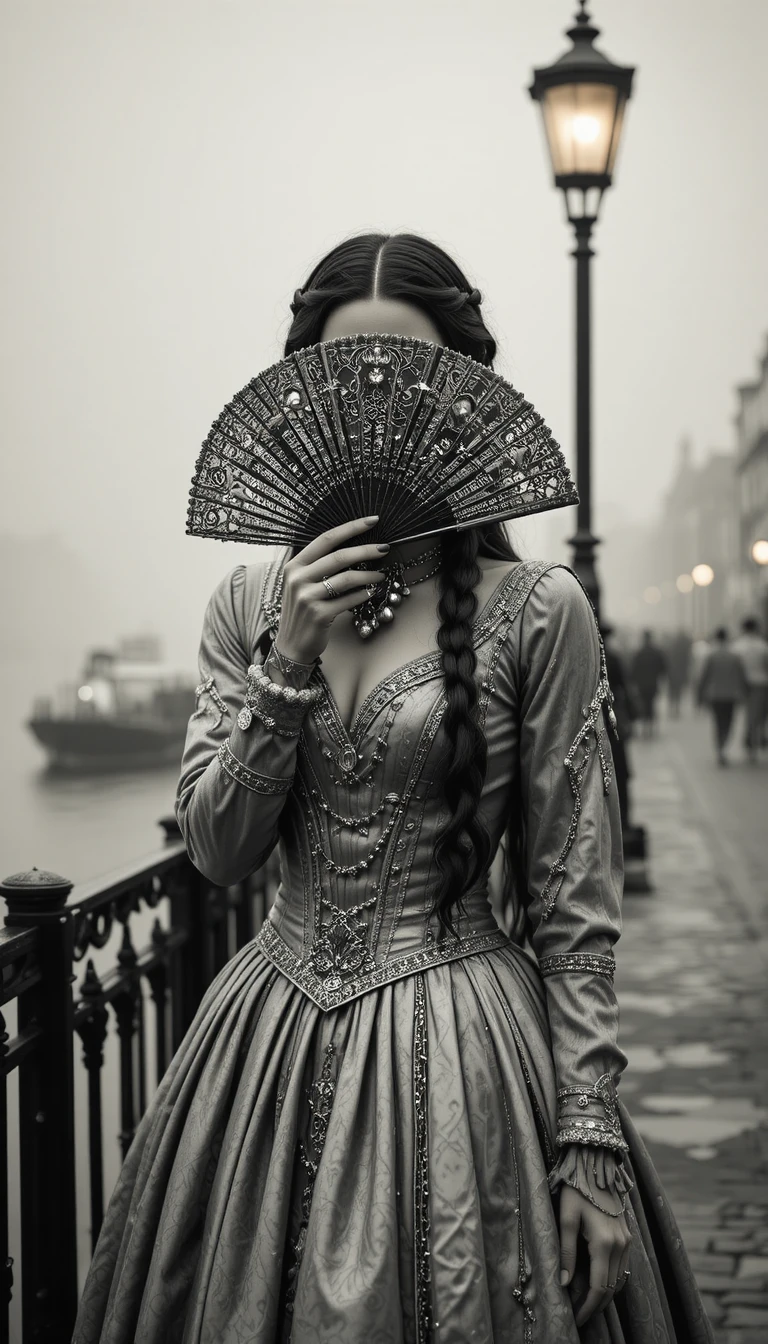 Victorian woman with fan by a foggy waterfront