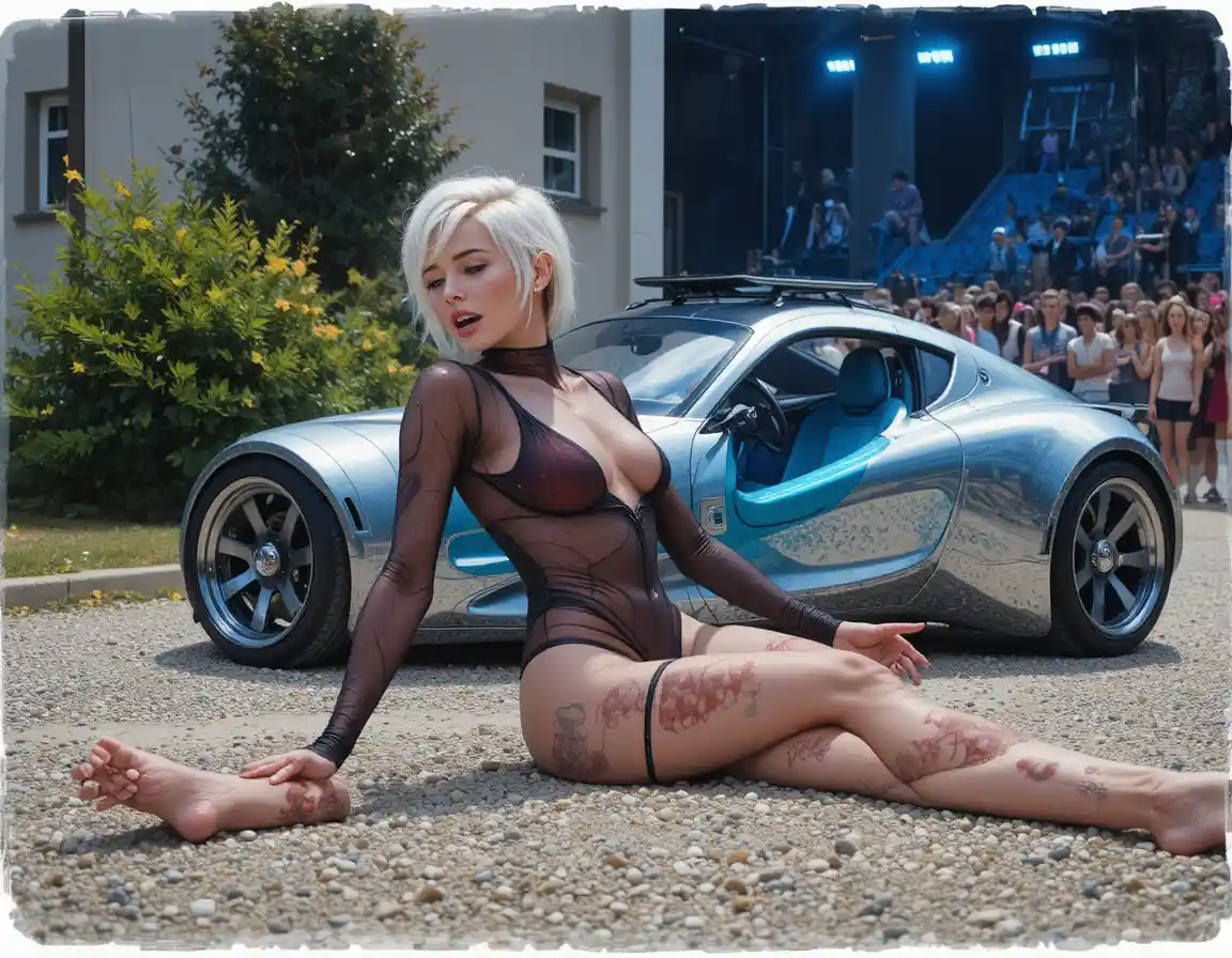 Voiture argentée futuriste garée sur du gravier à côté d’un bâtiment