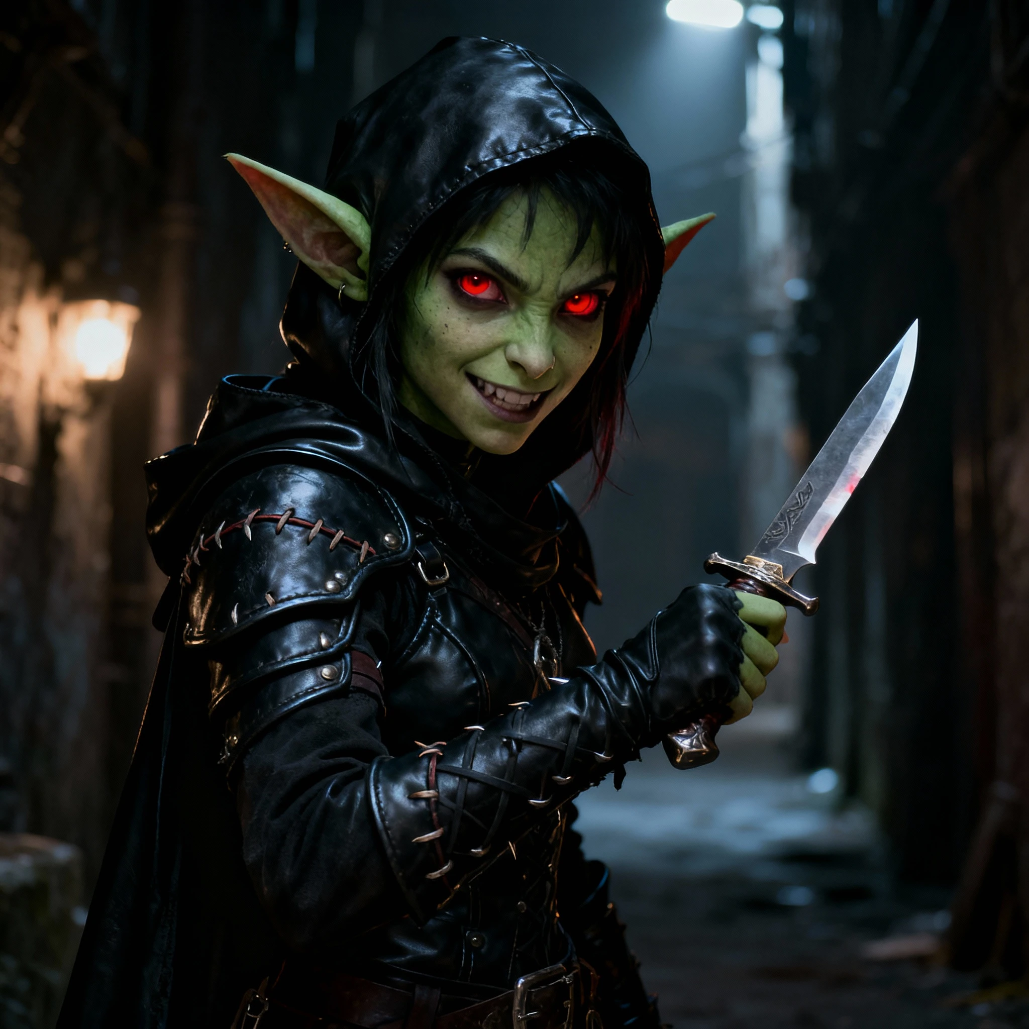 Dark fantasy goblin rogue girl with red eyes