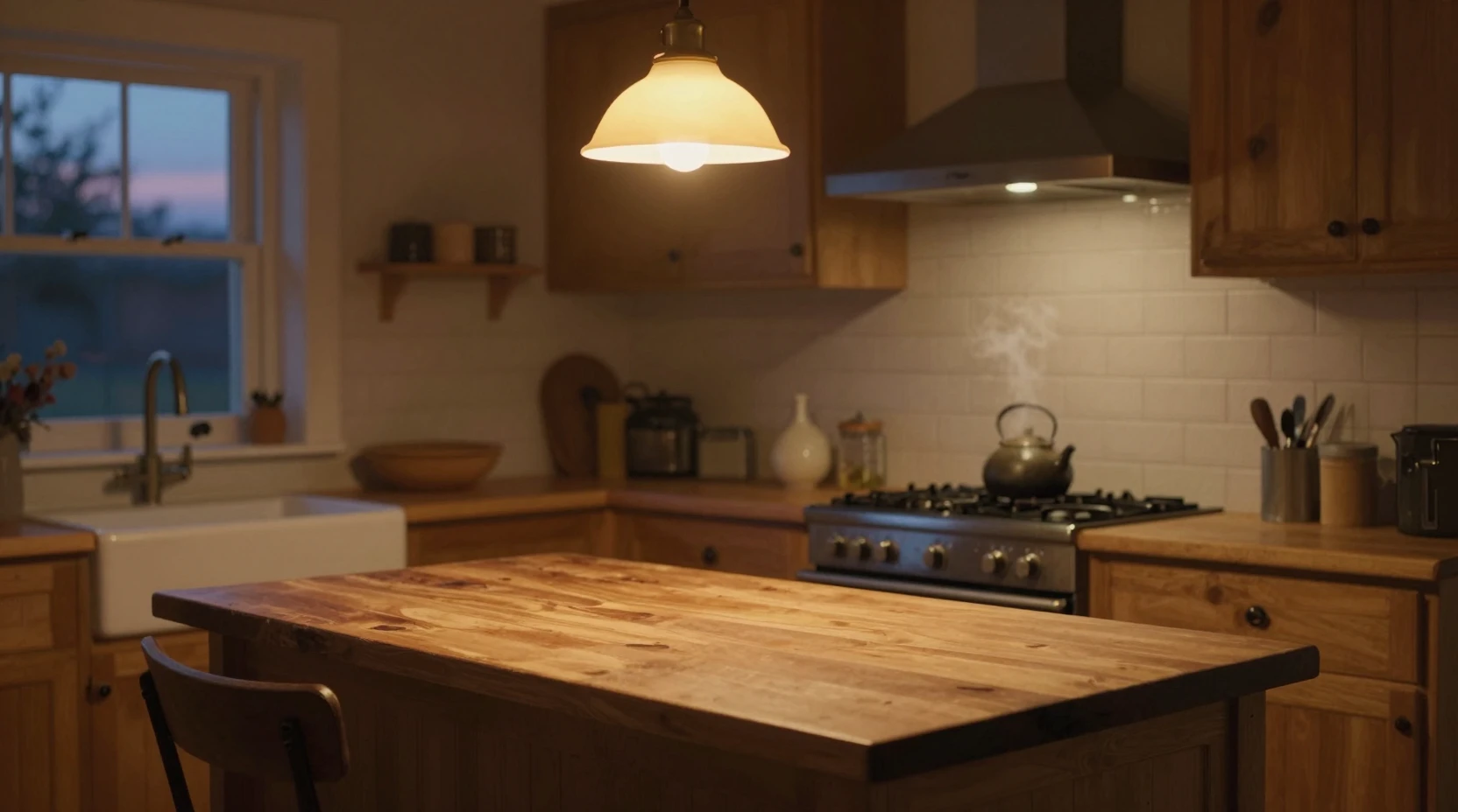 Cozinha rústica aconchegante brilhando suavemente à luz do entardecer