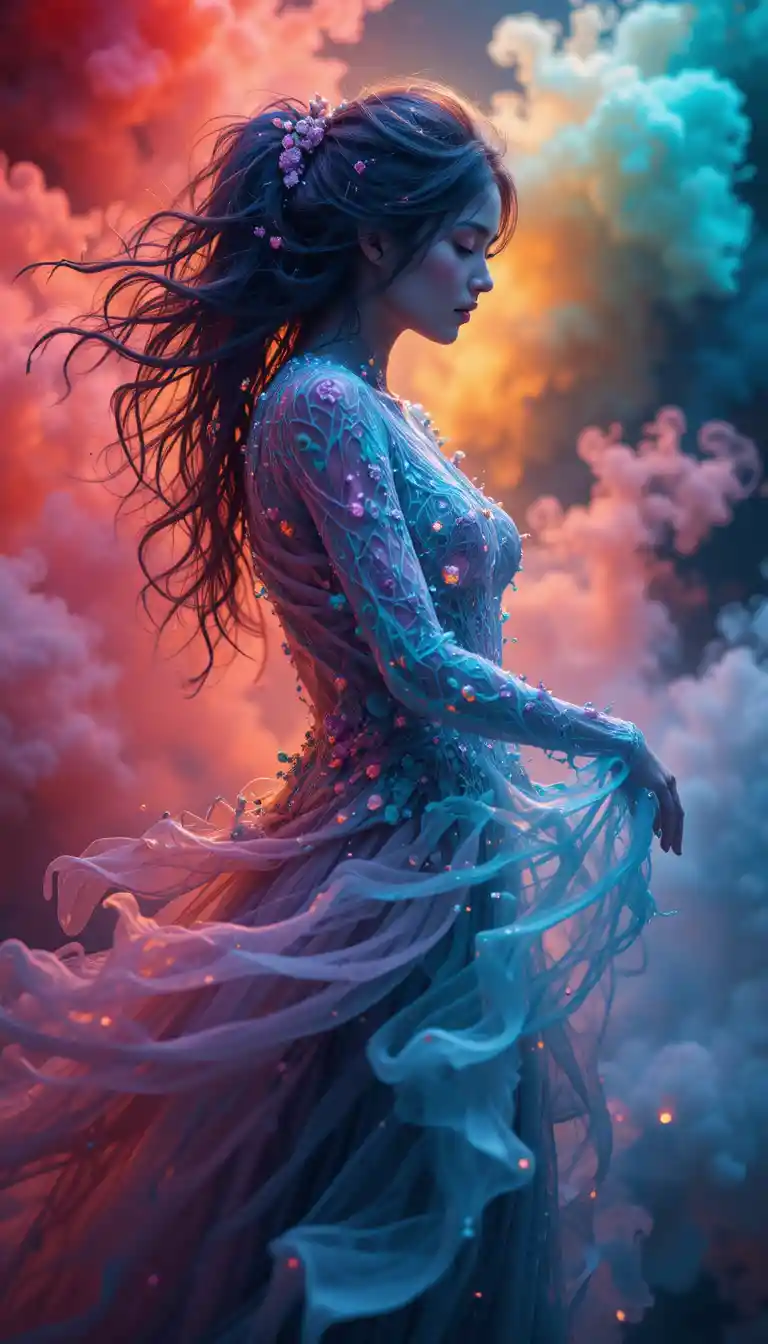 Ghostly woman dancing in swirling colorful smoke