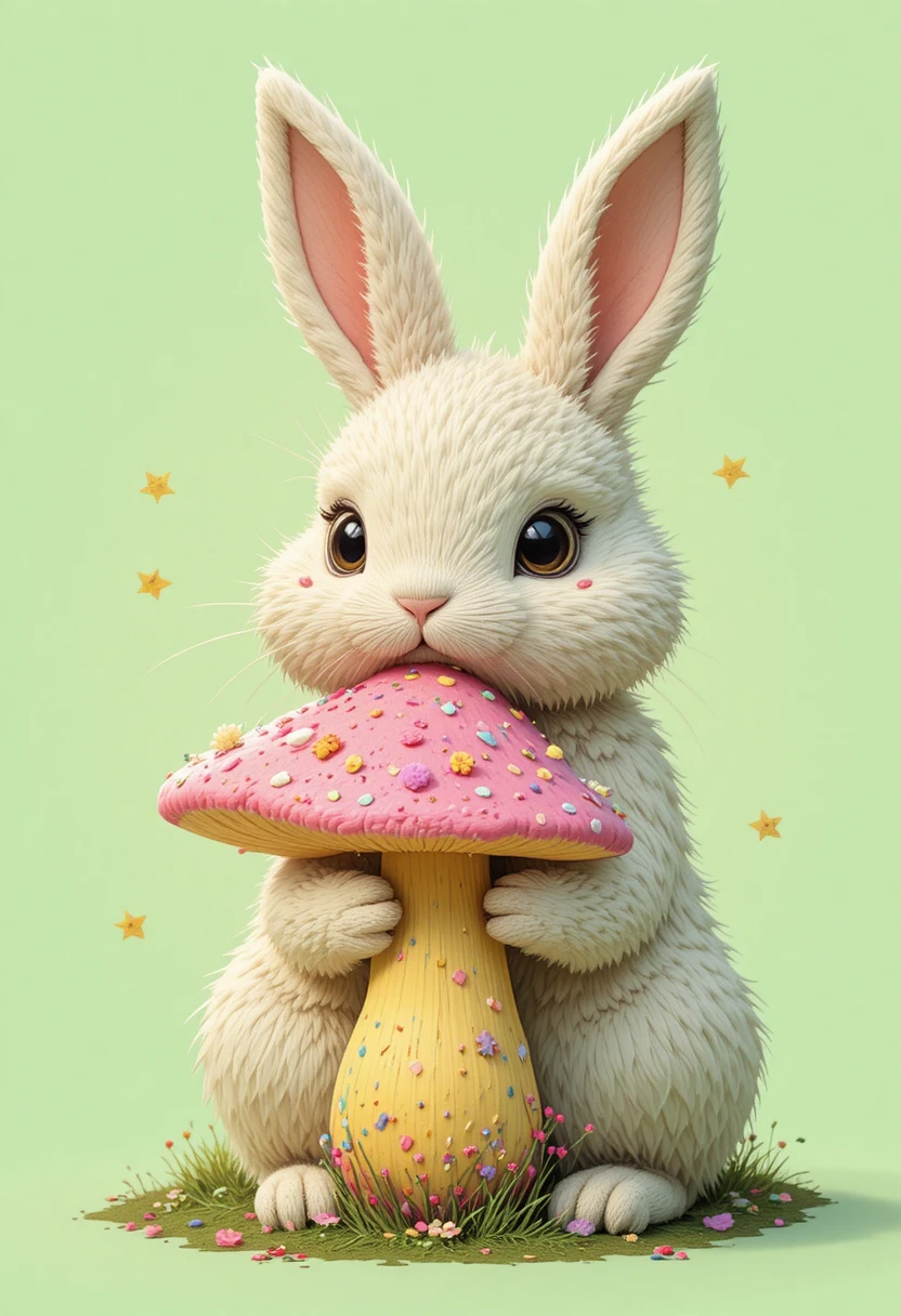 Cute hallucinating rabbit with neon candy mushroom