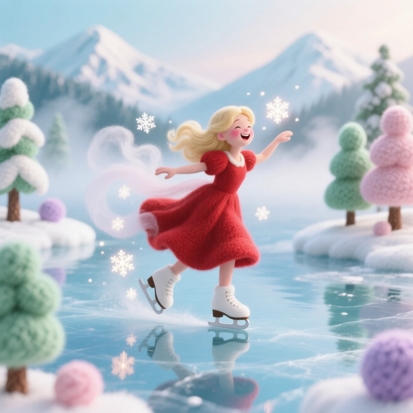 Girl in red dress skating across a dreamy frozen lake