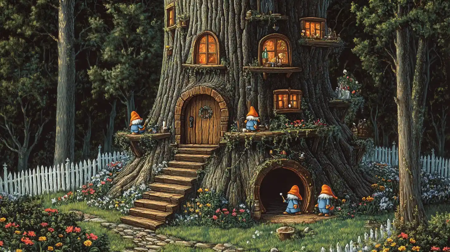 Renaissance style gnome home built into a giant forest stump