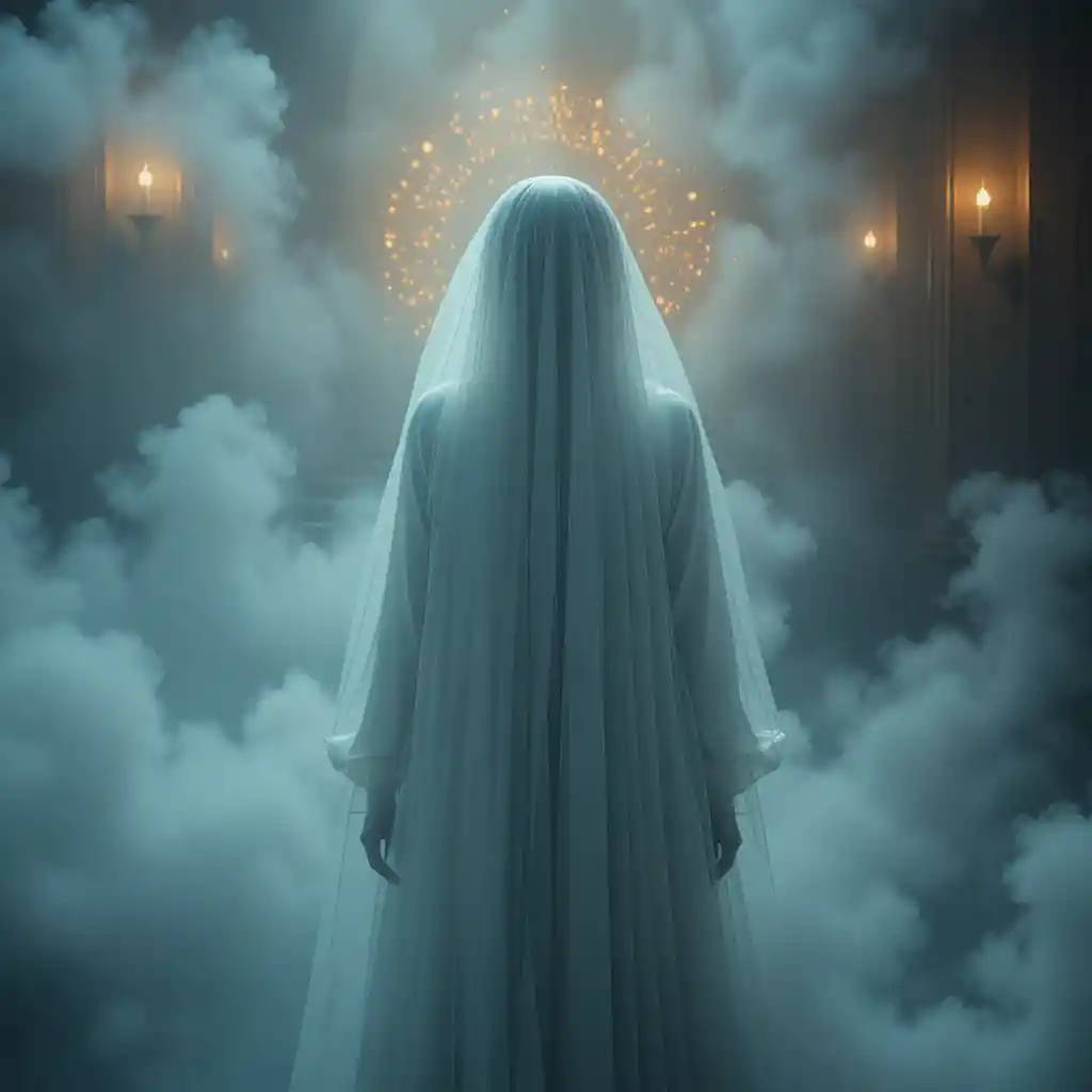 Ghostly Bride In Volumetric Light And Dense Fog