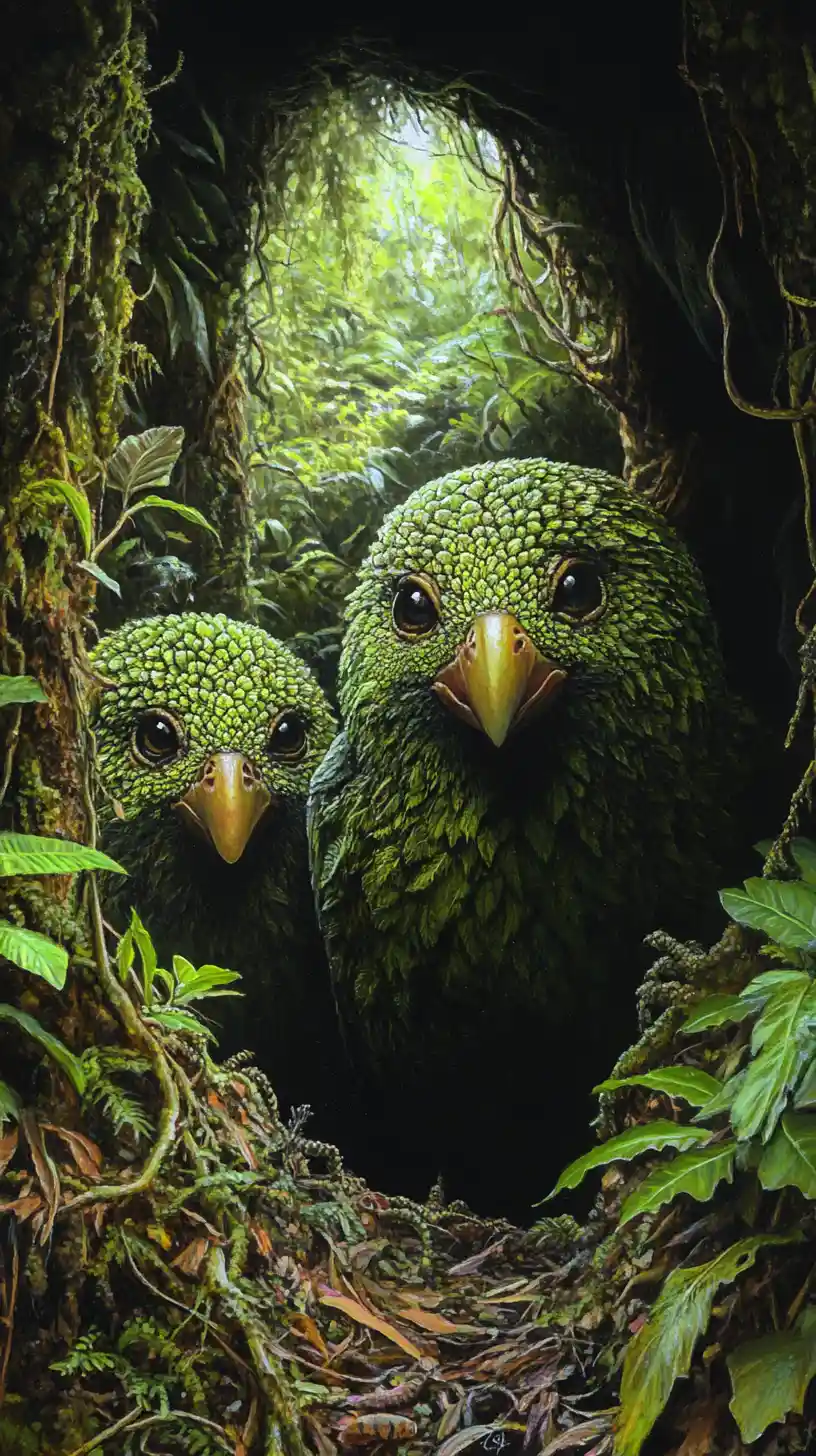 Ilusão surreal de uma estranha cena de papagaio inspirada no kakapo