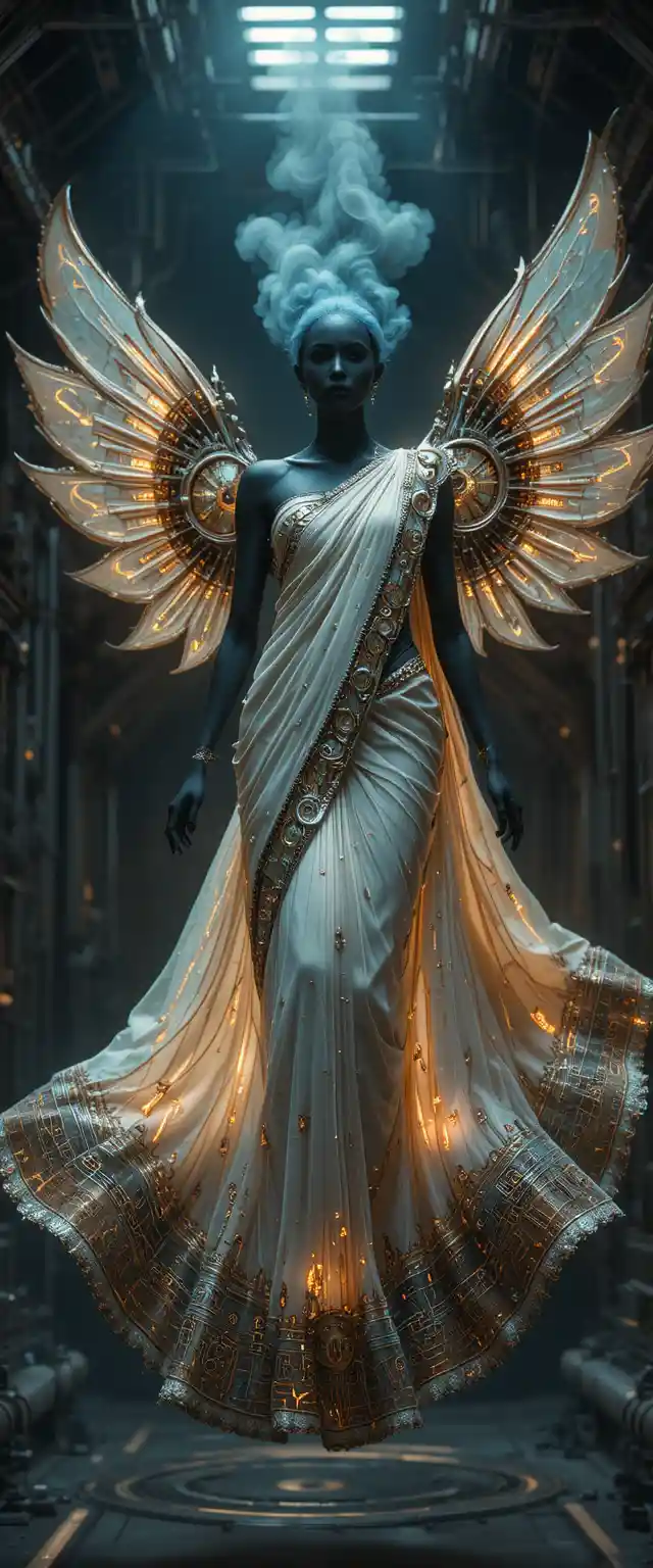 Anti gravity futuristic sari with glowing steampunk details