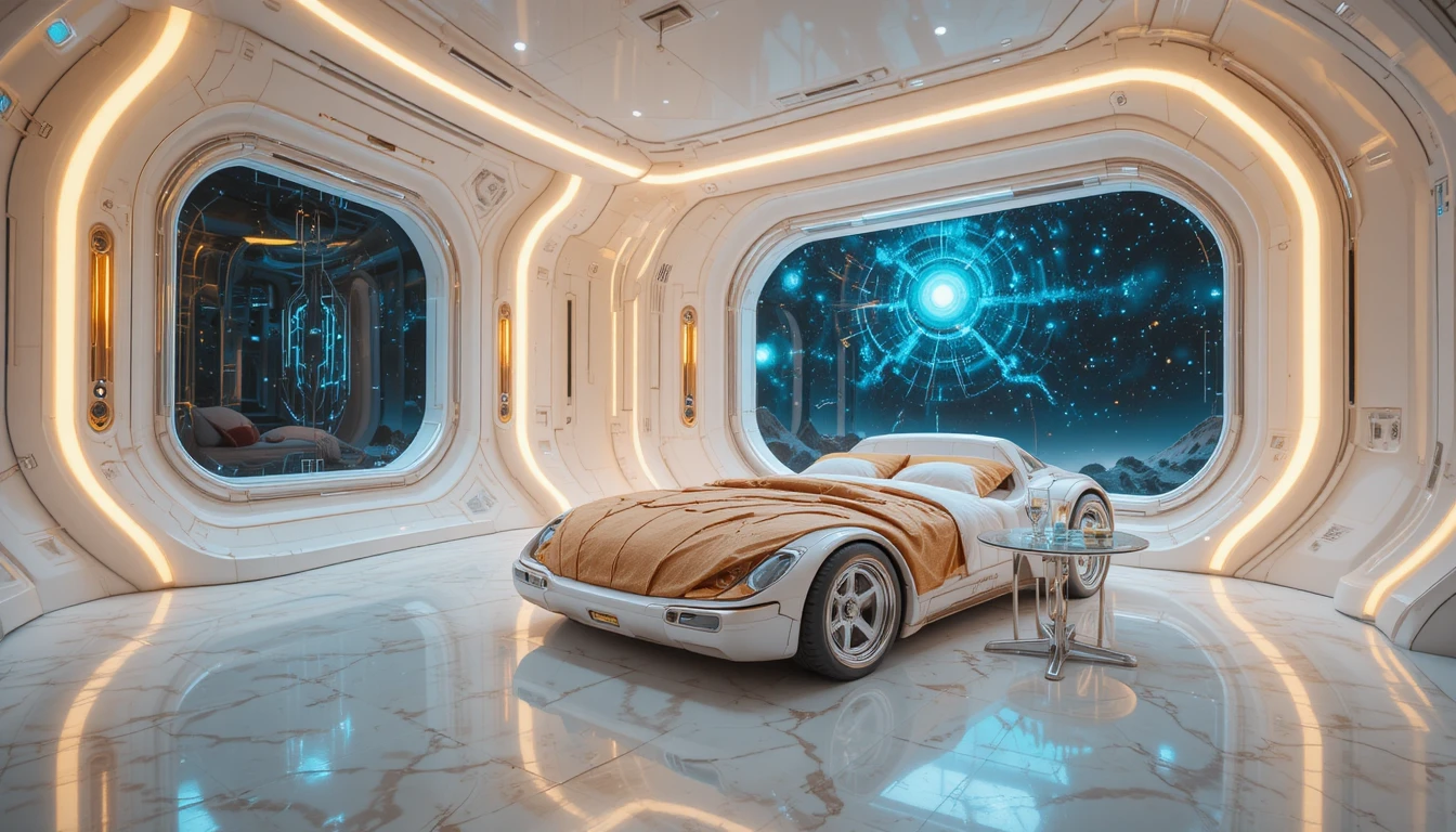Futuristisches Schlafzimmer mit Auto-Bett und kosmischem Fenster