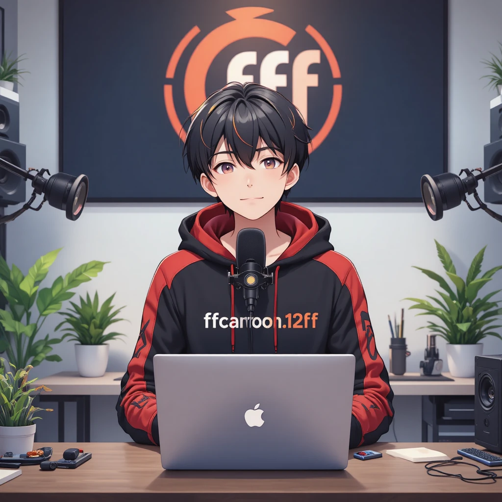 Anime boy streaming at a recording desk with laptop and mic