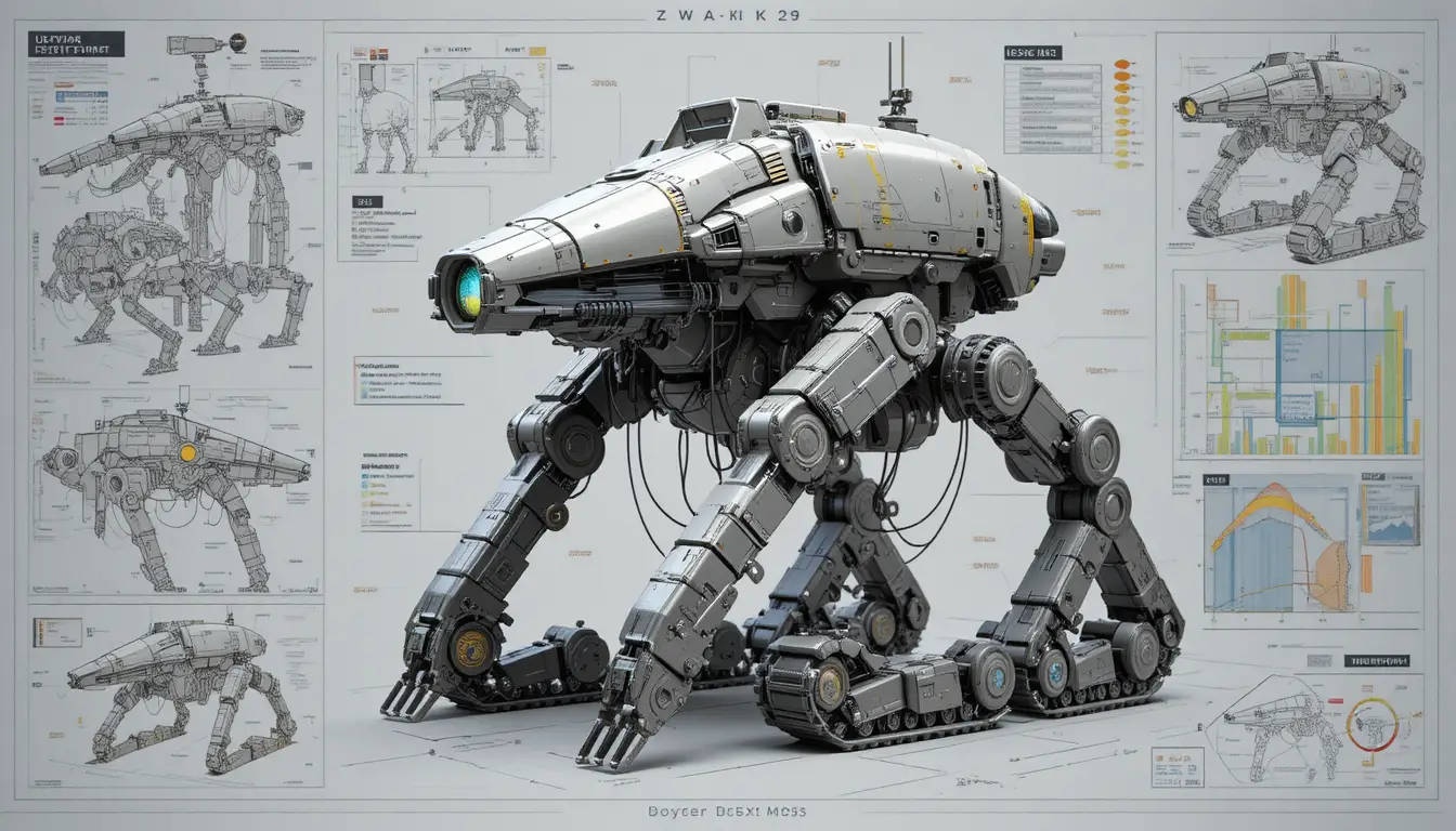 Futuristischer Stadtkriegs-Mech als technischer 3D-Blueprint