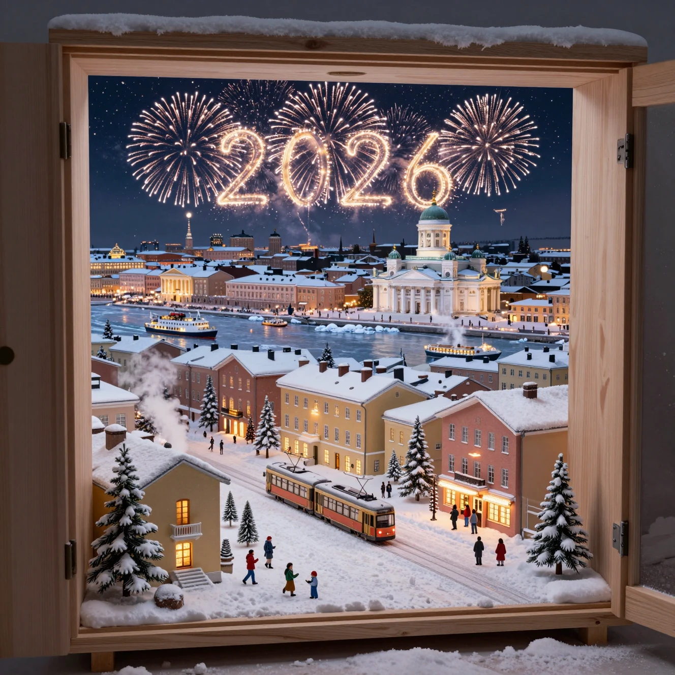 Magical miniature Helsinki city glowing inside an open wardrobe