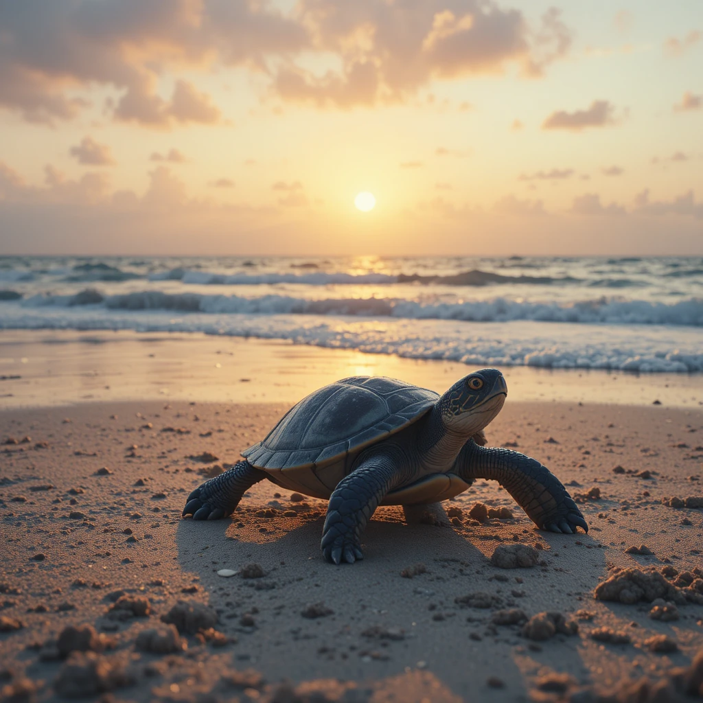 Tortuga marina bebé cruzando la arena mojada hacia un océano en calma