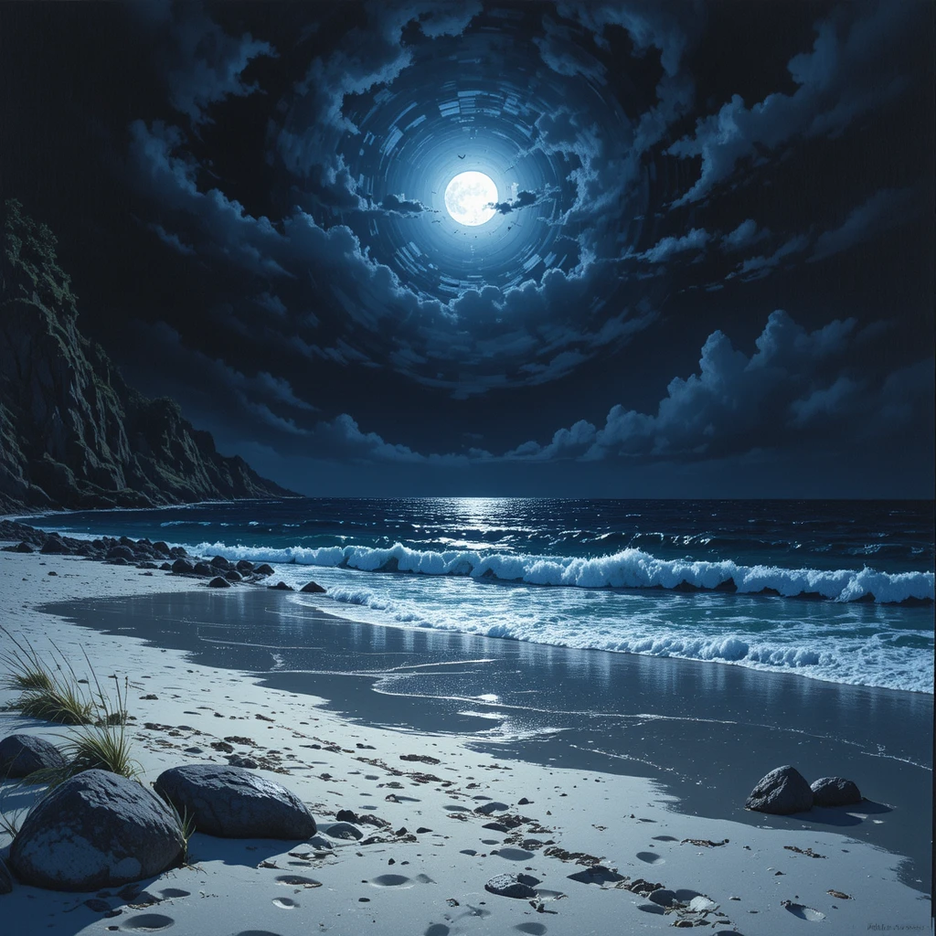 Mondbeschienener Strand in dramatischem Chiaroscuro mit tiefen Blautönen