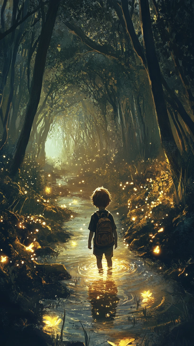 Bambino che cammina tra fiori luminosi in un ruscello di foresta oscura