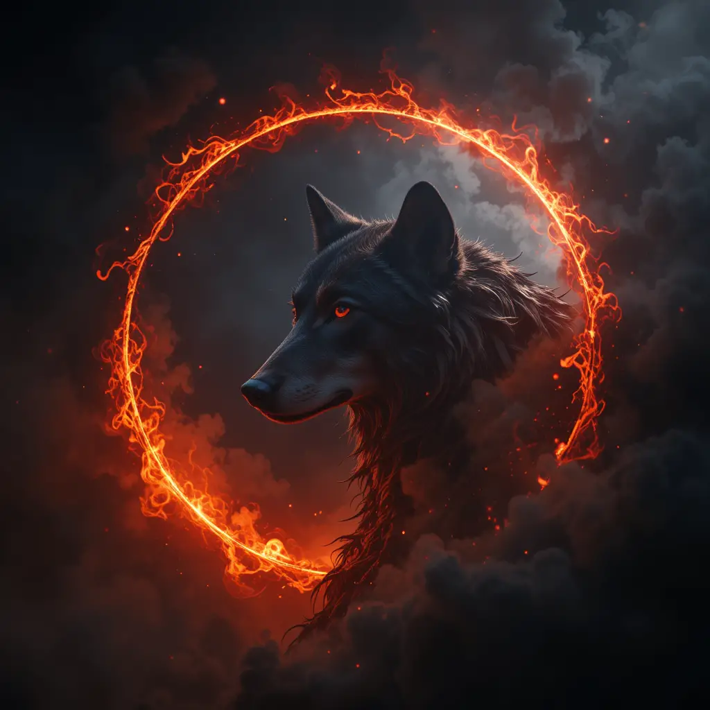 Wolf silhouette against a fiery partial eclipse glow
