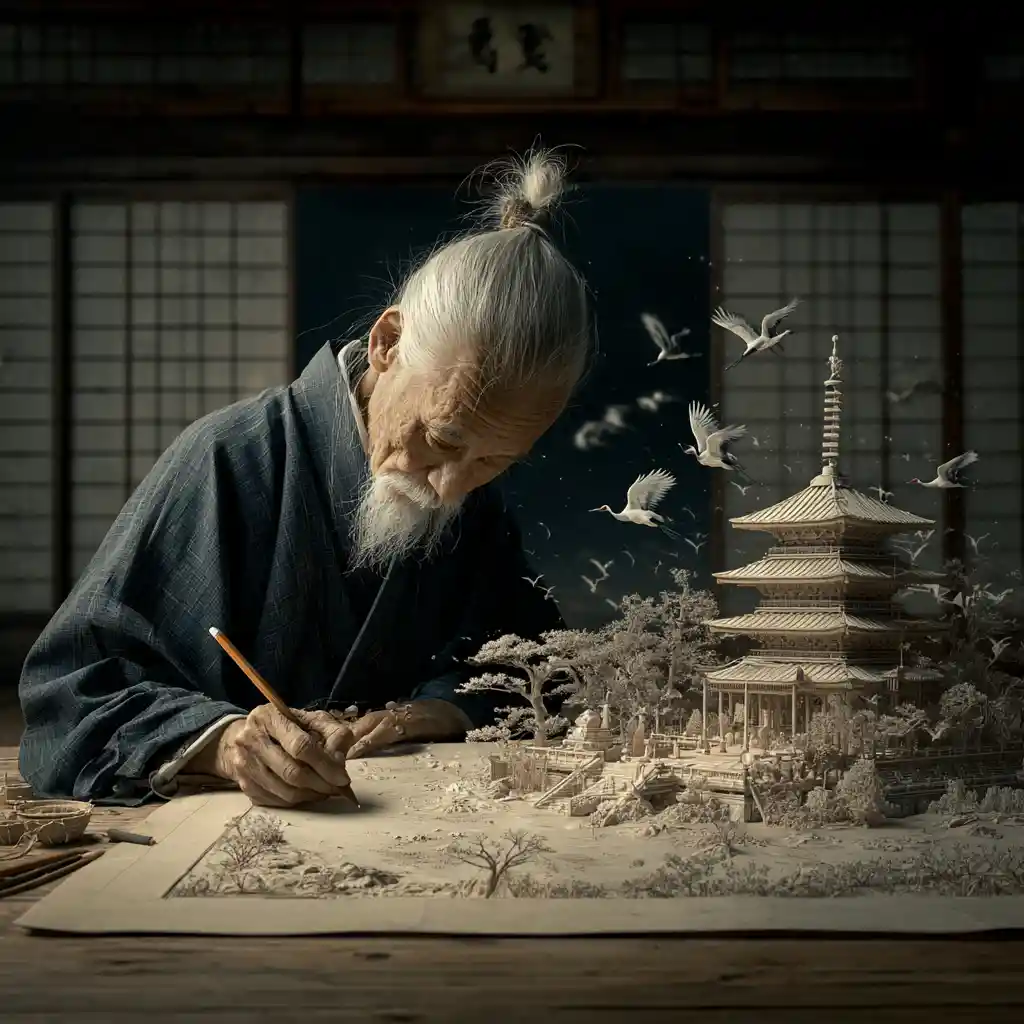 Artista japonés anciano dibujando en un tranquilo dōjō de madera