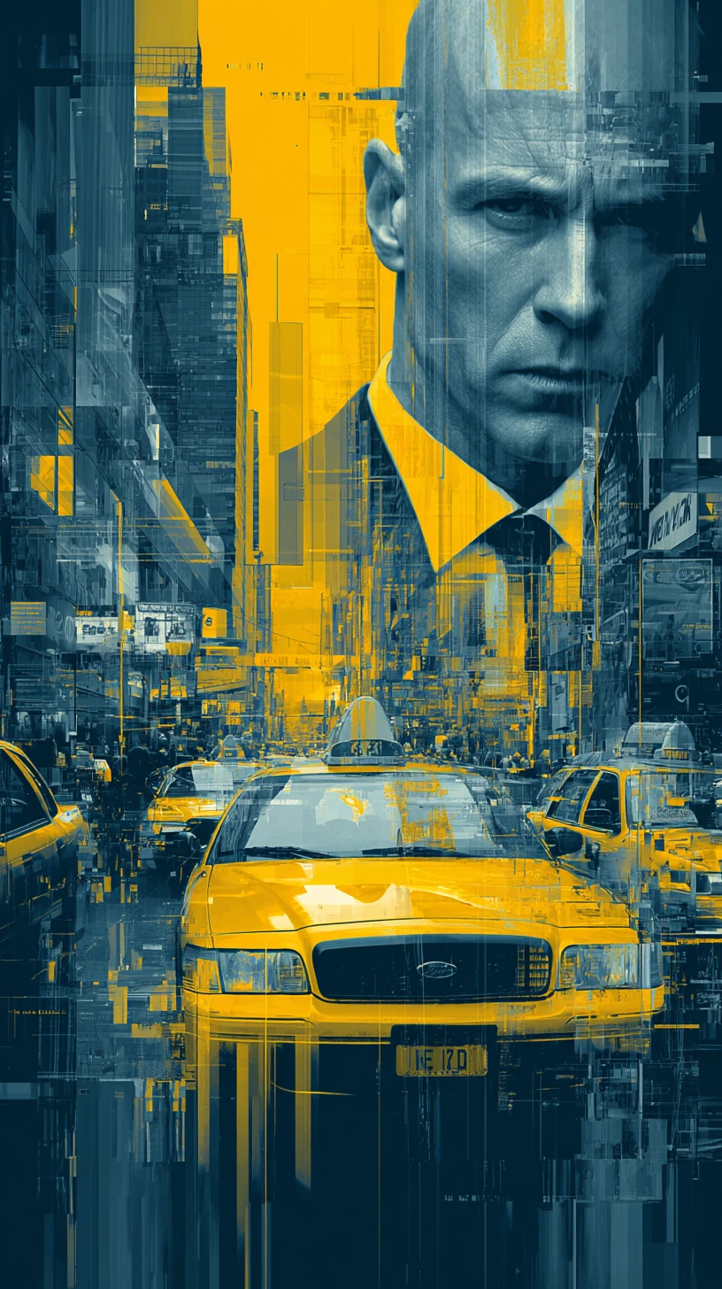 Rua futurista de Nova York com táxi amarelo e polícia