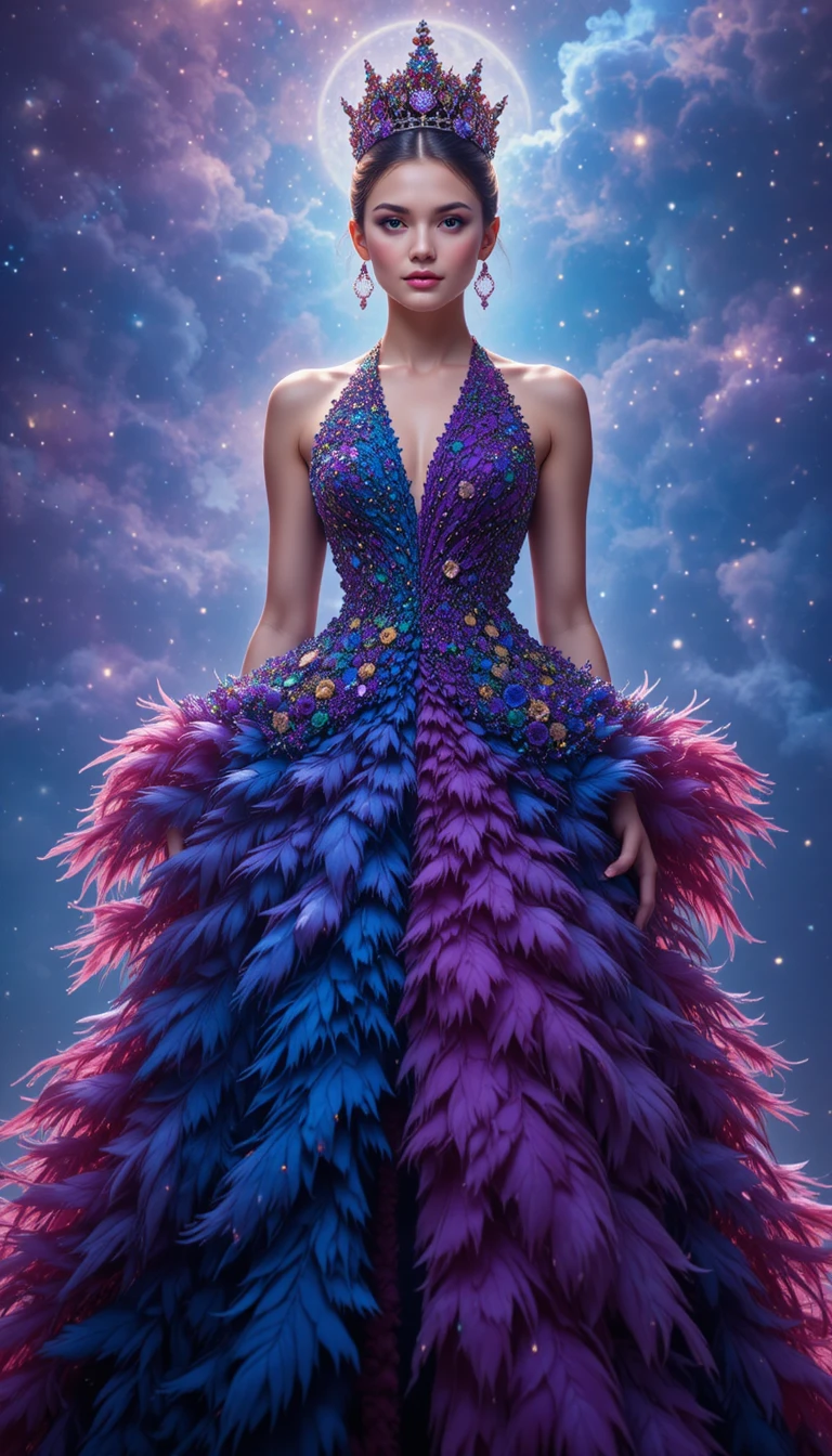 Reine de la mode en couture de plumes sous un ciel étoilé