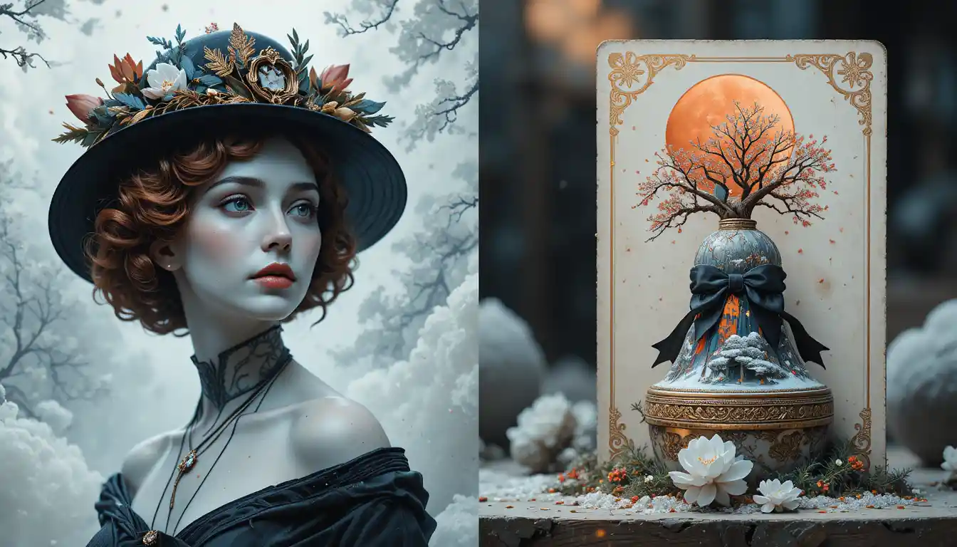 Elegant woman in hat with abstract blue flowing lines