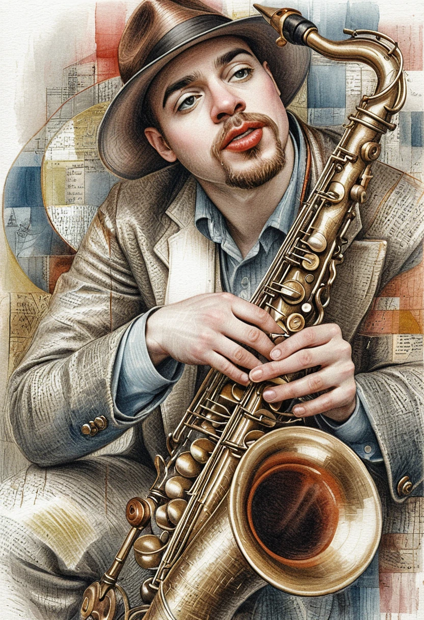 Retrato cubista de um saxofonista de jazz em suaves tons de azul