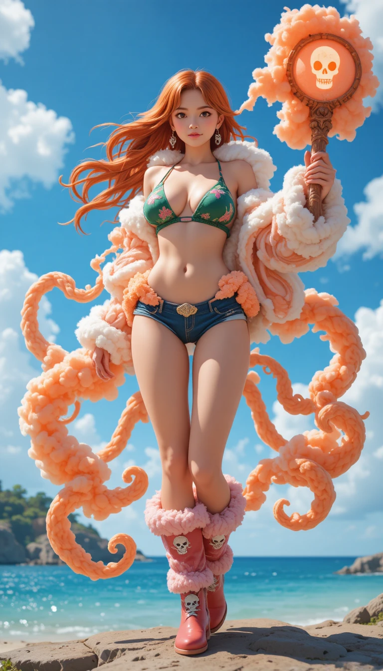 Donna anime con abito di nuvole che posa su un'isola soleggiata