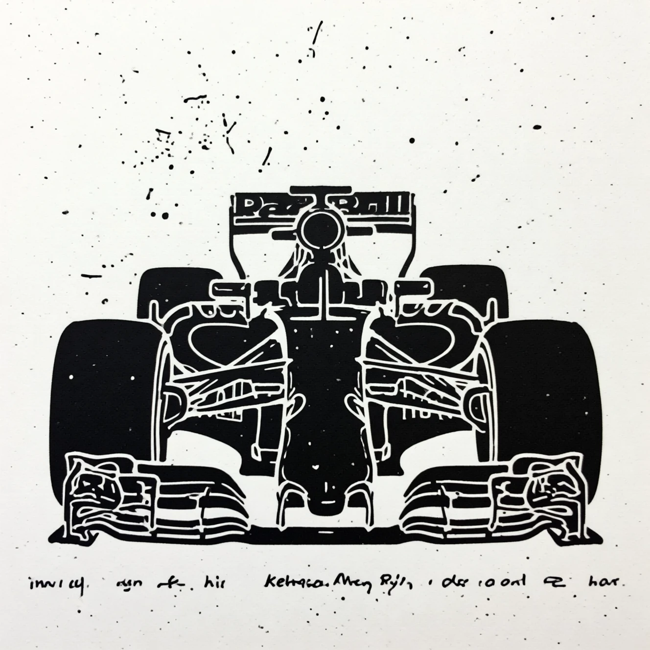 Linogravura minimalista de um carro de Fórmula 1 preto e elegante