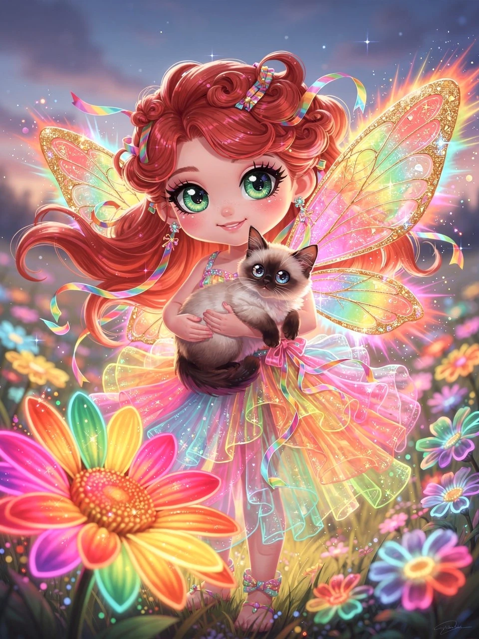Fatina chibi con gattino in un prato arcobaleno luminoso