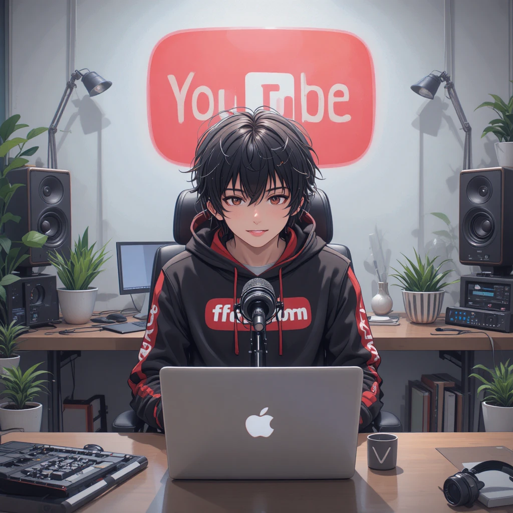 Chico de anime haciendo streaming en un escritorio de computadora con micrófono