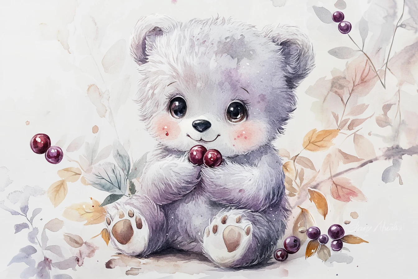 Dolce cucciolo di orso ad acquerello con bacche in una soffice scena naturale