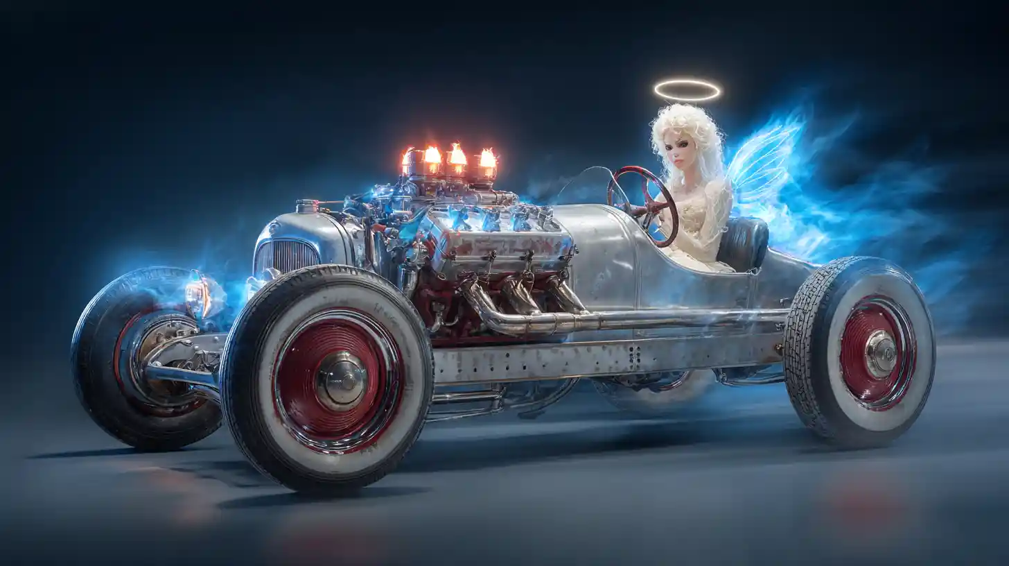 Angelic V8 engine racing along a heavenly highway