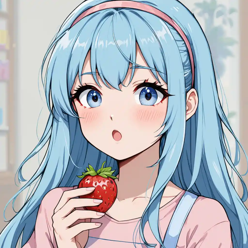 藍髮動漫女學生以漫畫風格拿著草莓
