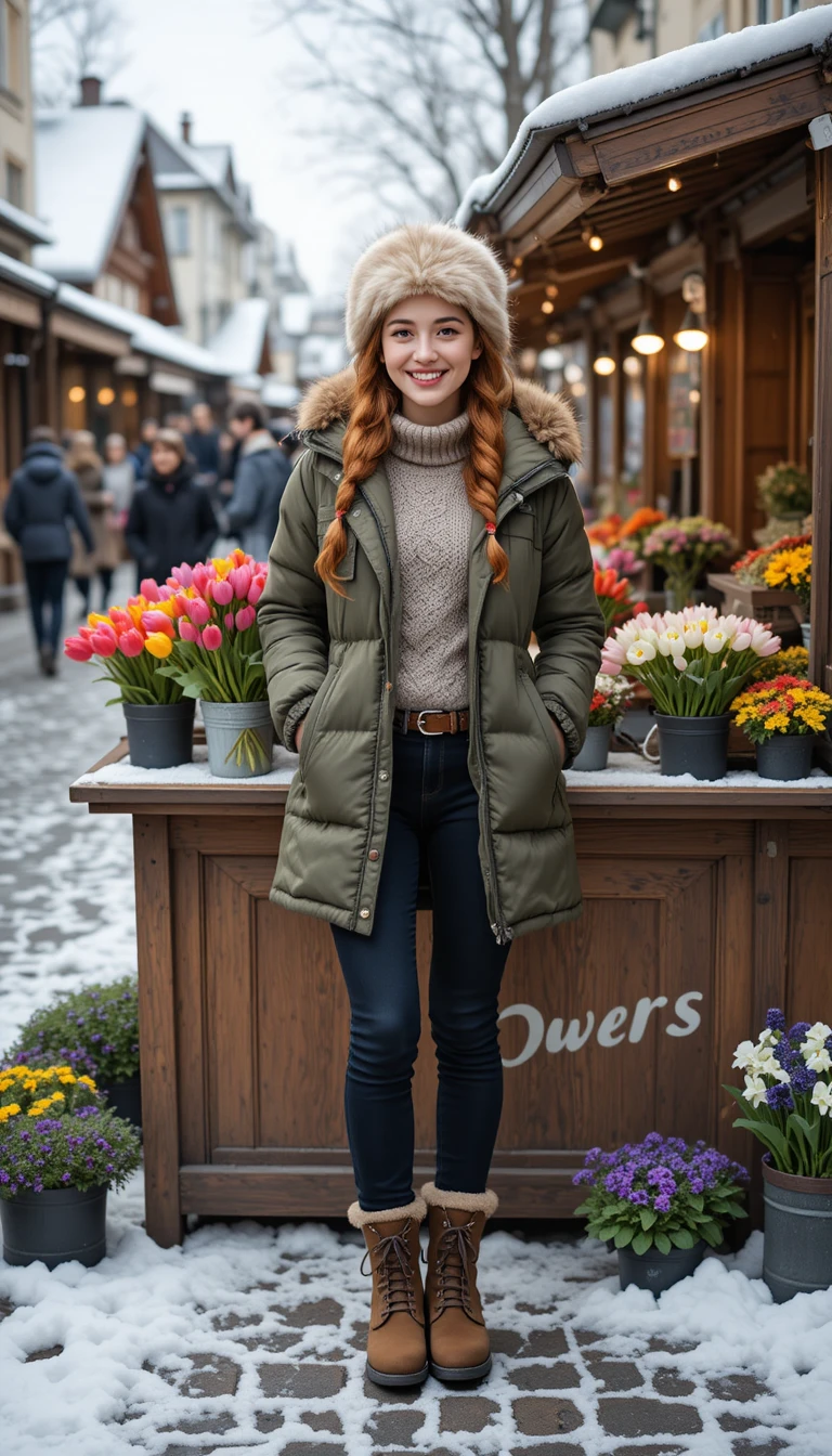 Vendeuse de fleurs joyeuse dans une scène de marché d’hiver