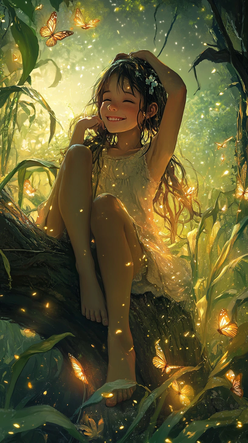 Smiling girl on tree root in glowing cornfield