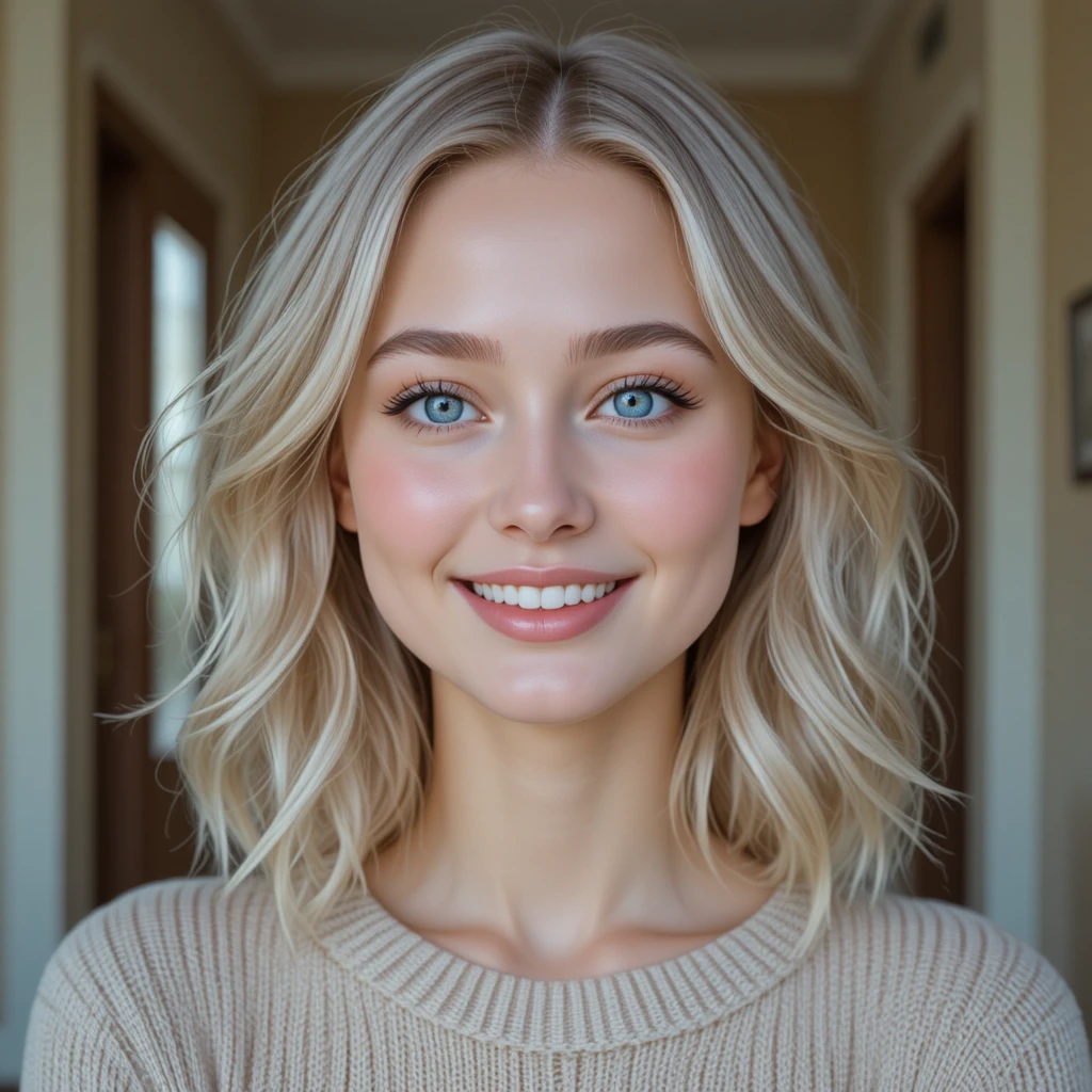 Cheerful blonde girl close up portrait in soft daylight