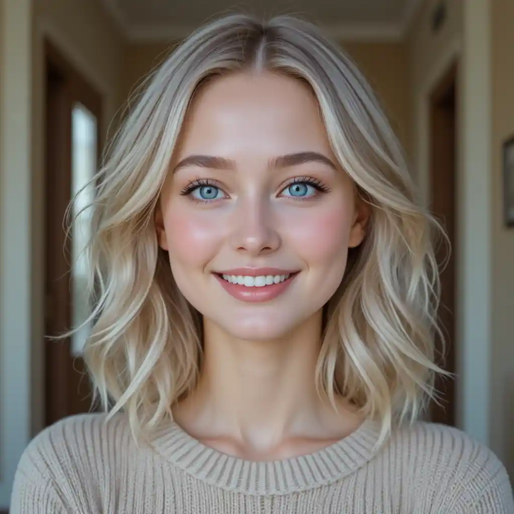 Cheerful blonde girl close up portrait in soft daylight