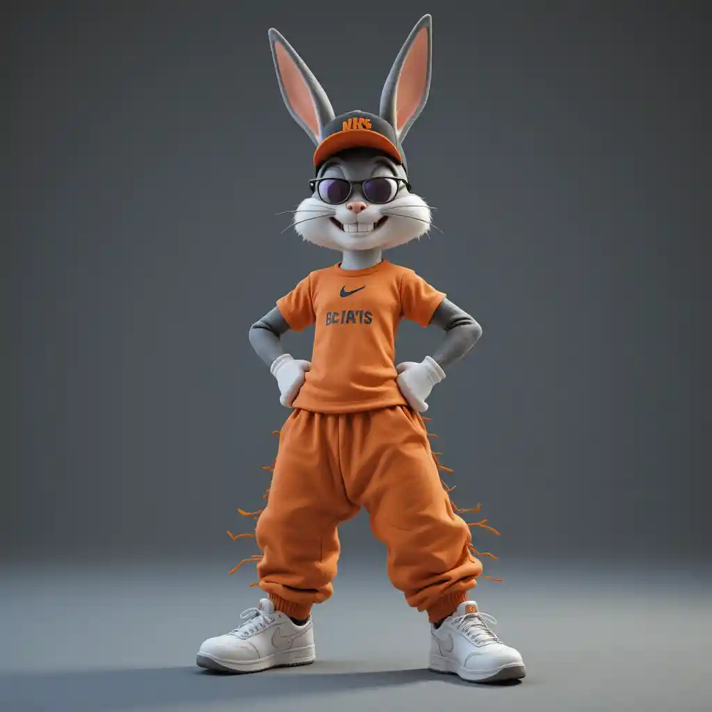 Coniglio 3D stilizzato in streetwear con soldi a forma di carota
