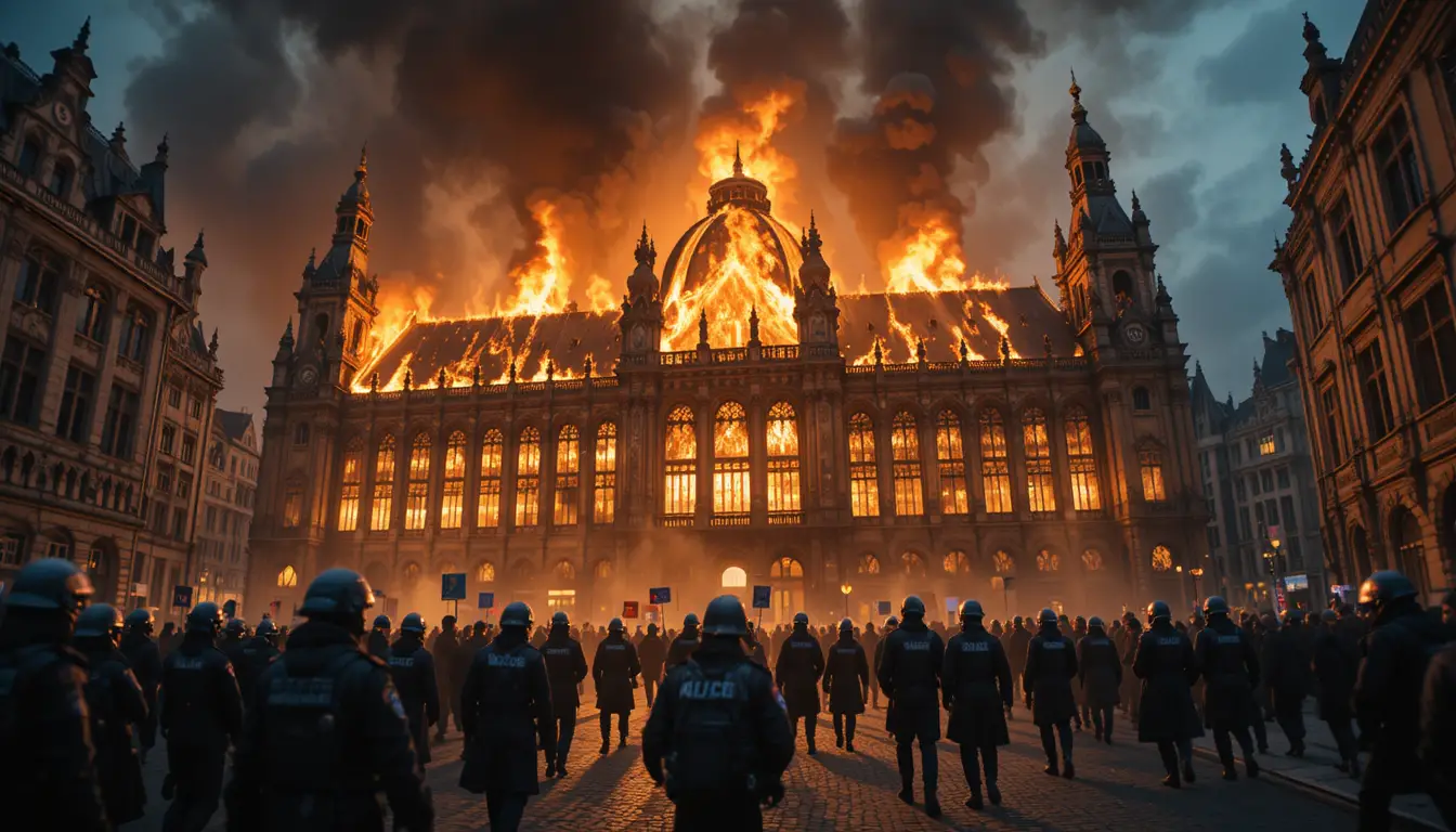European parliament building engulfed in flames and chaos