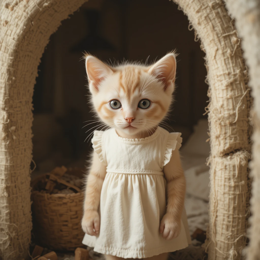 Gatinho com vestido simples em uma calma manhã dentro de casa