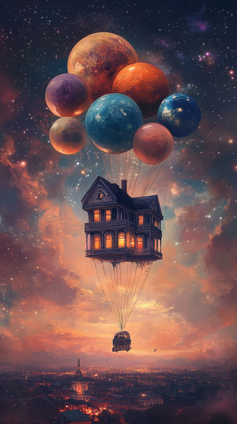 Casa vitoriana surreal flutuando entre balões em forma de planeta