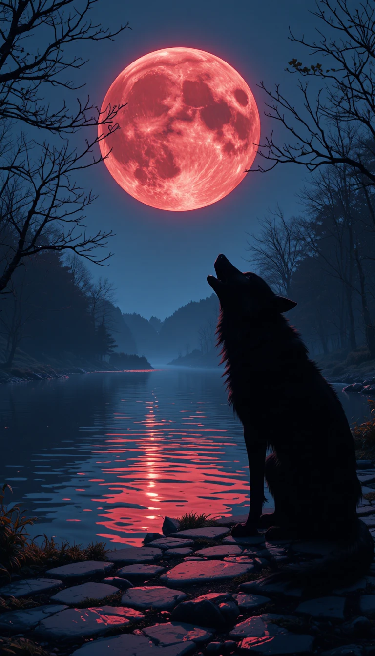 Lobo uivando sob uma lua de sangue refletida no rio