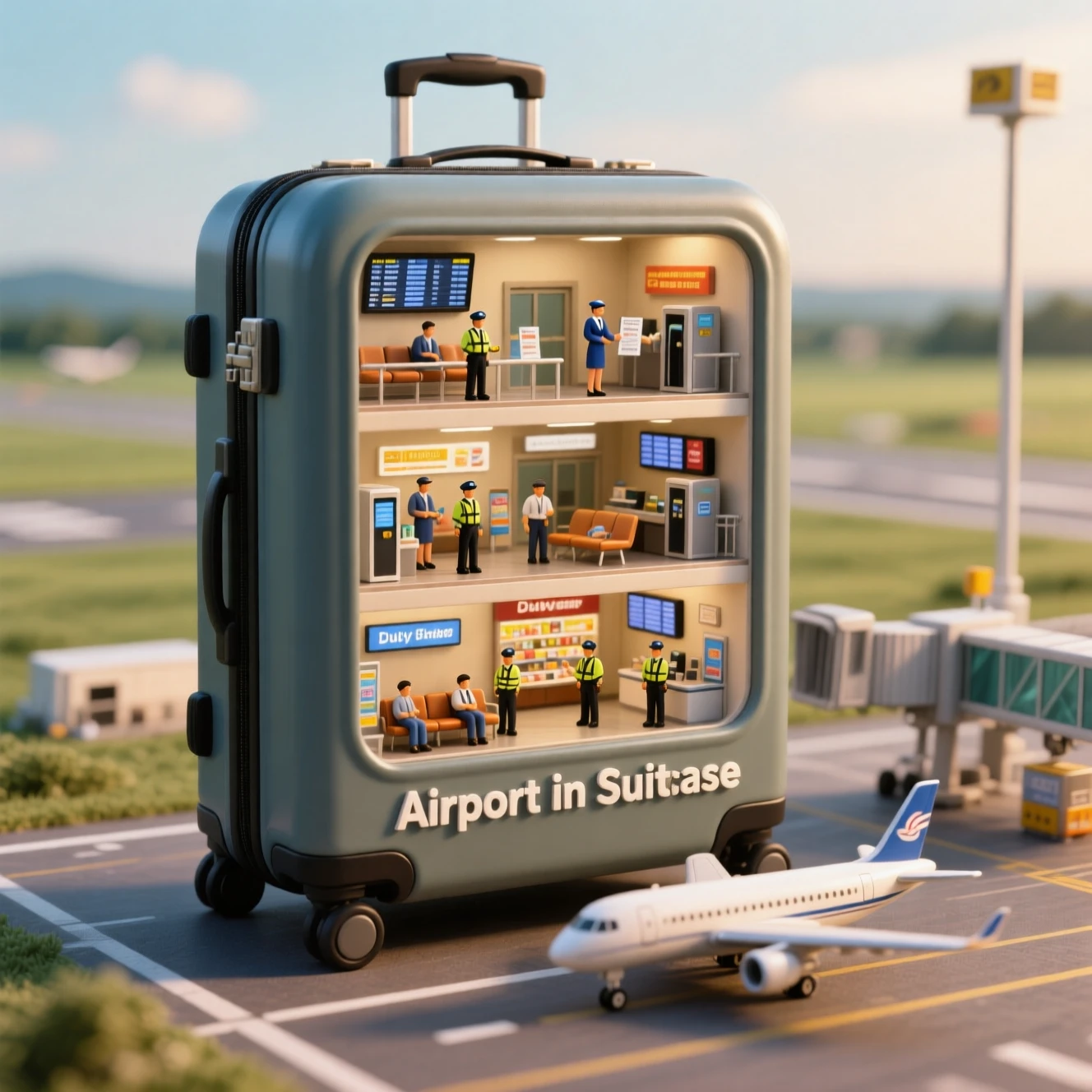 Terminal d’aéroport miniature à l’intérieur d’une valise de voyage verticale