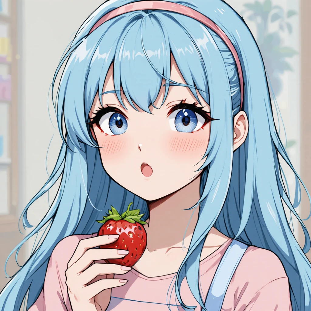藍髮動漫女學生以漫畫風格拿著草莓