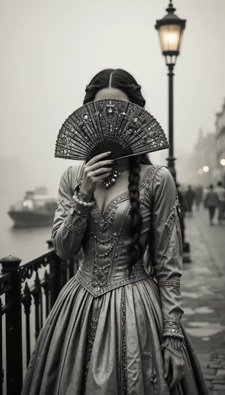 Victorian woman with fan by a foggy waterfront