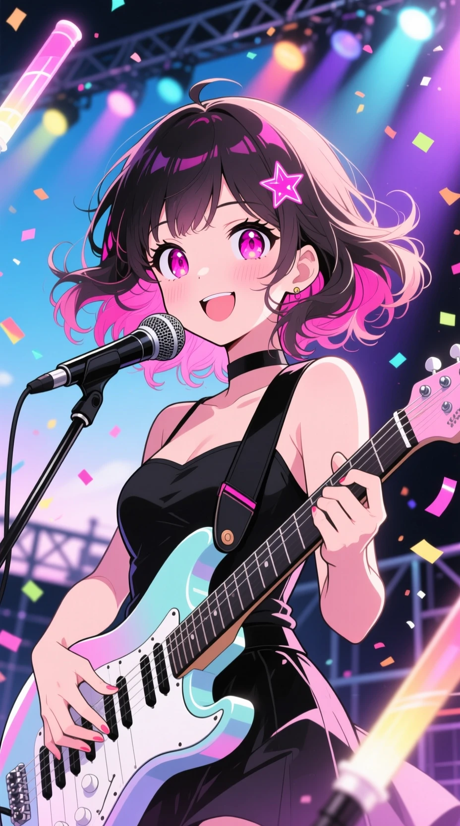 Cantante anime con keytar su colorato palco da concerto
